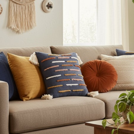 Cuscino geometrico in cotone con dettagli ricamati e texture a rilievo