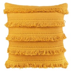 Cuscino con fasce frangiate in cotone senape