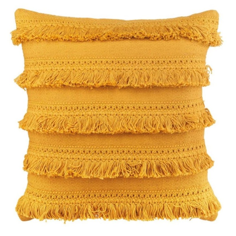 Cuscino con fasce frangiate in cotone senape