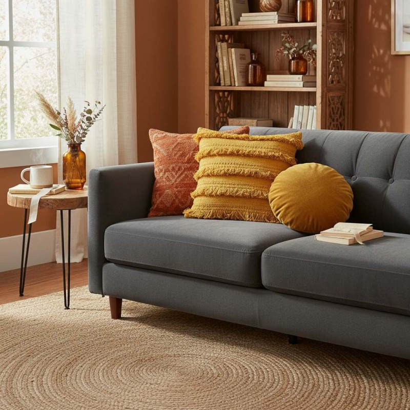 Cuscino con fasce frangiate in cotone senape ambiente bohemien