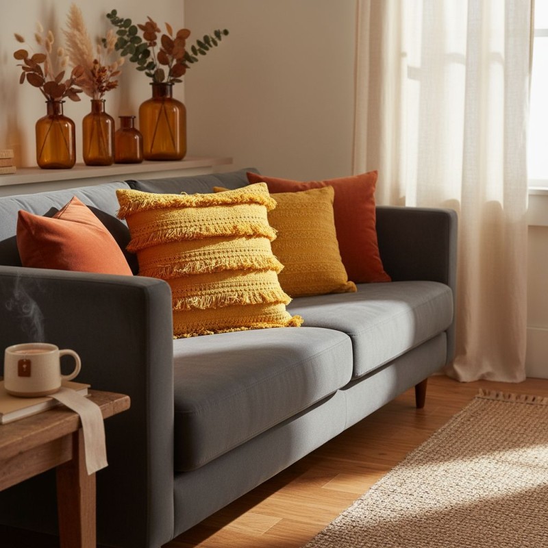 Cuscino con fasce frangiate in cotone senape stile pop