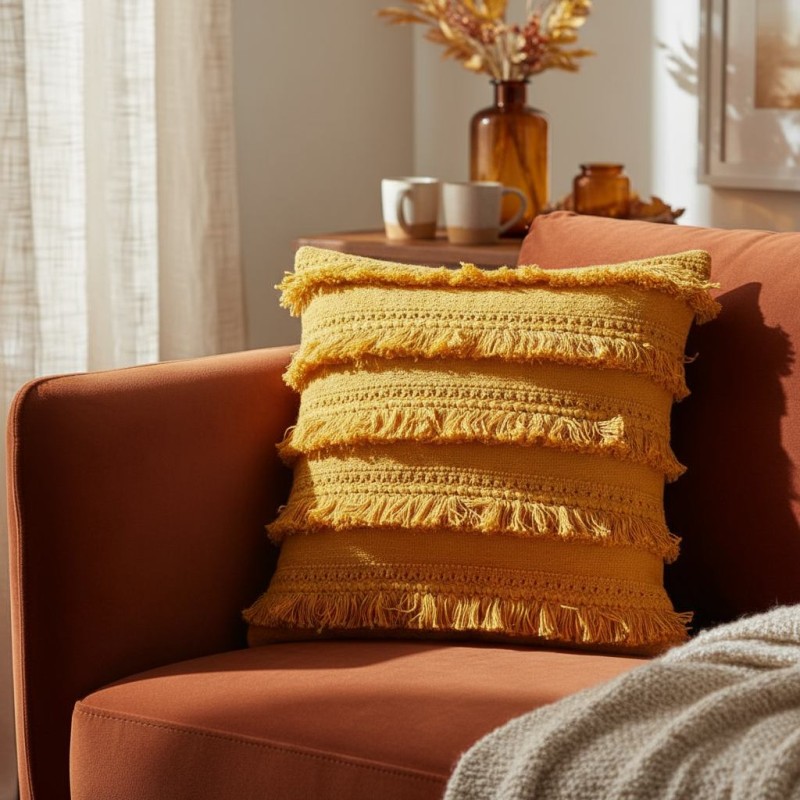 Cuscino con fasce frangiate in cotone senape dettaglio boho