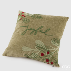 Cuscino natalizio verde in cotone con ricamo Joyful