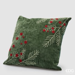 Cuscino verde di Natale con ricamo pino e bacche
