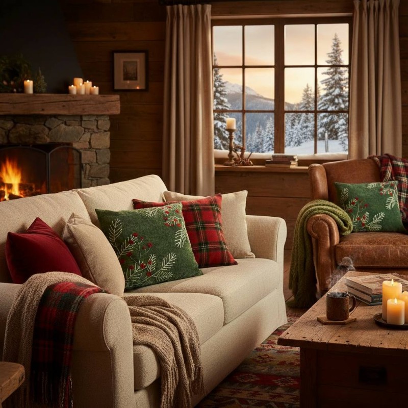 Cuscino verde di Natale con ricamo pino e bacche lemoire home Cuscino verde di Natale con ricamo pino e bacche lemoire home