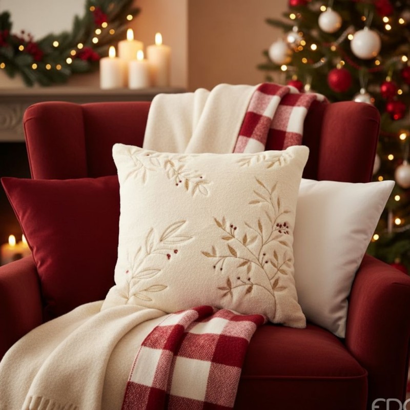 Natale in salotto - Cuscino effetto peluche natalizio in bianco con ricami oro lmh