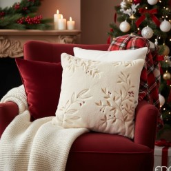 Natale in salotto - Cuscino effetto peluche natalizio in bianco con ricami oro