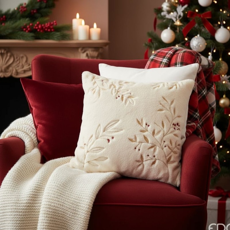 Natale in salotto - Cuscino effetto peluche natalizio in bianco con ricami oro enzo de gasperi