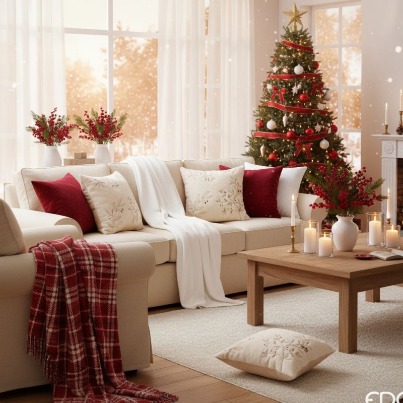 Natale in salotto - Cuscino effetto peluche natalizio in bianco con ricami oro ambiente