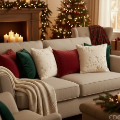 Natale in salotto - Cuscino effetto peluche natalizio in bianco con ricami oro