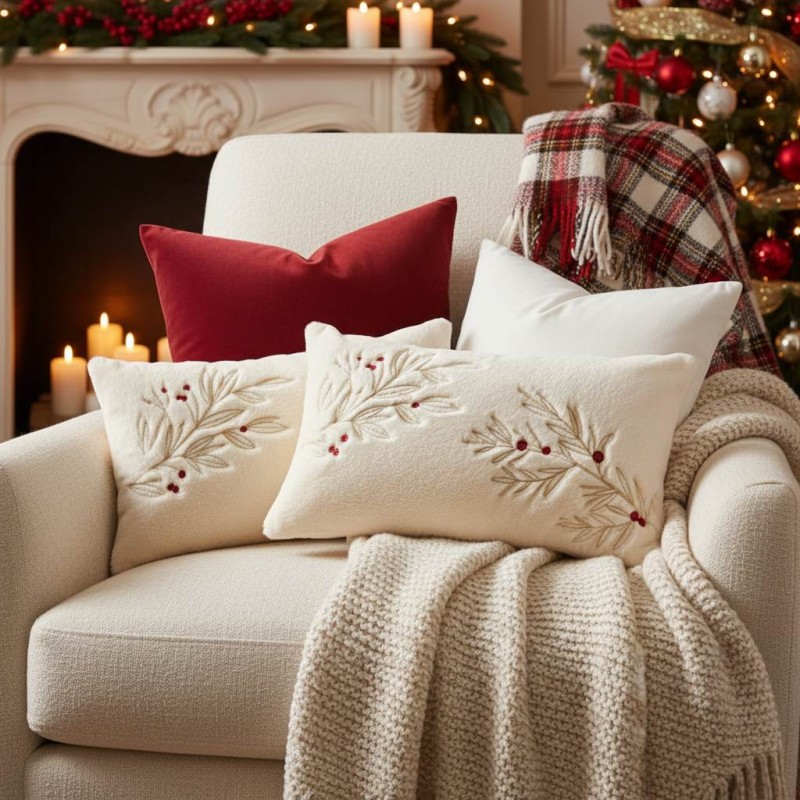 Cuscino natalizio morbido effetto peluche con rametti in rilievo cozy christmas Cuscino natalizio morbido effetto peluche con rametti in rilievo cozy christmas