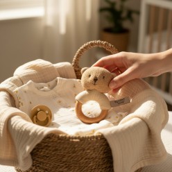 Sonaglio in legno e cotone biologico con orsetto Marcel| Regalo