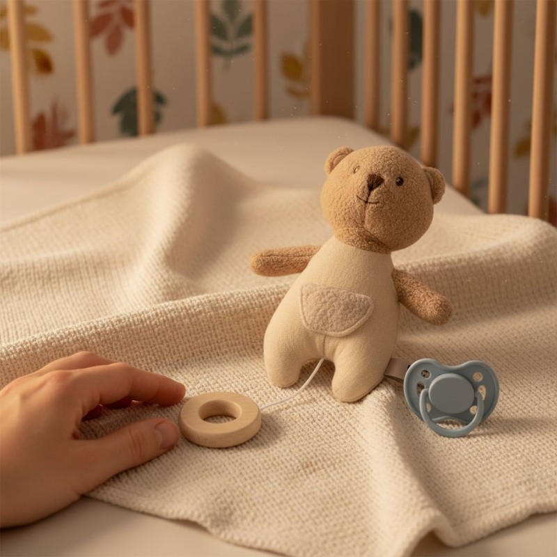 Peluche orsetto musicale per neonato con anello in legno e Melodia di Mozart lemoirehome