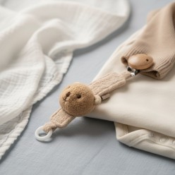 Clip porta ciuccio con orsetto in cotone biologico agganciato a una copertina in maglia.