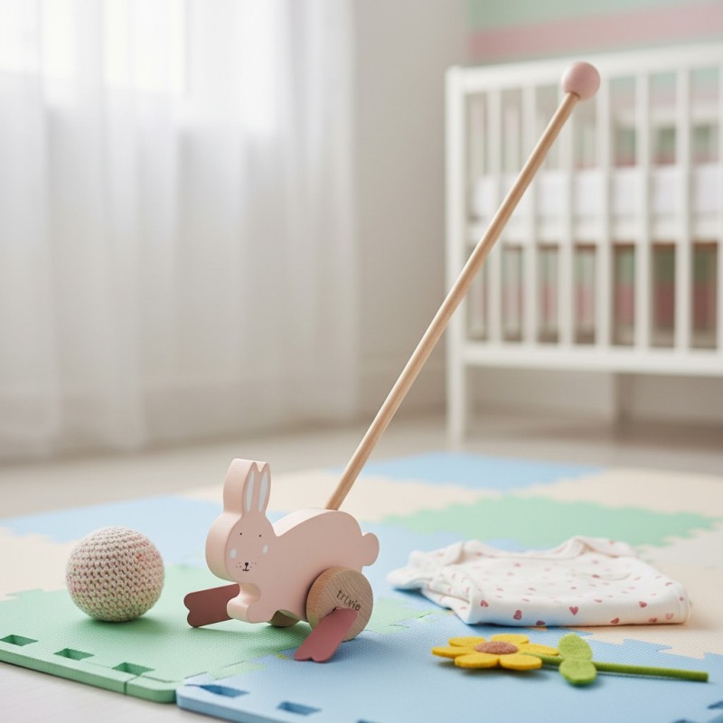 Mrs. Rabbit: giocattolo rosa tenue in legno da spingere catalogo Mrs. Rabbit: giocattolo rosa tenue in legno da spingere catalogo