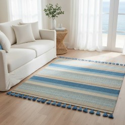 Tappeto Marinaro L'Oca Nera 160x230 in Soggiorno con Divano Grigio e Frange Blu