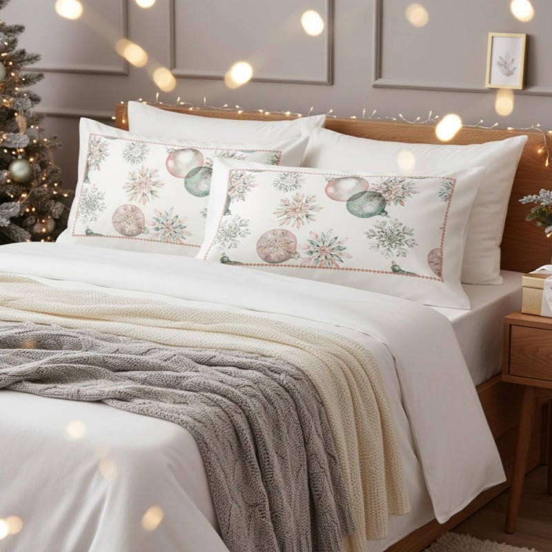 Coppia Federe Natalizie Cristallo Tessitura Randi Raso 200TC Fiocchi di Neve Pastello LEMOIRE HOME