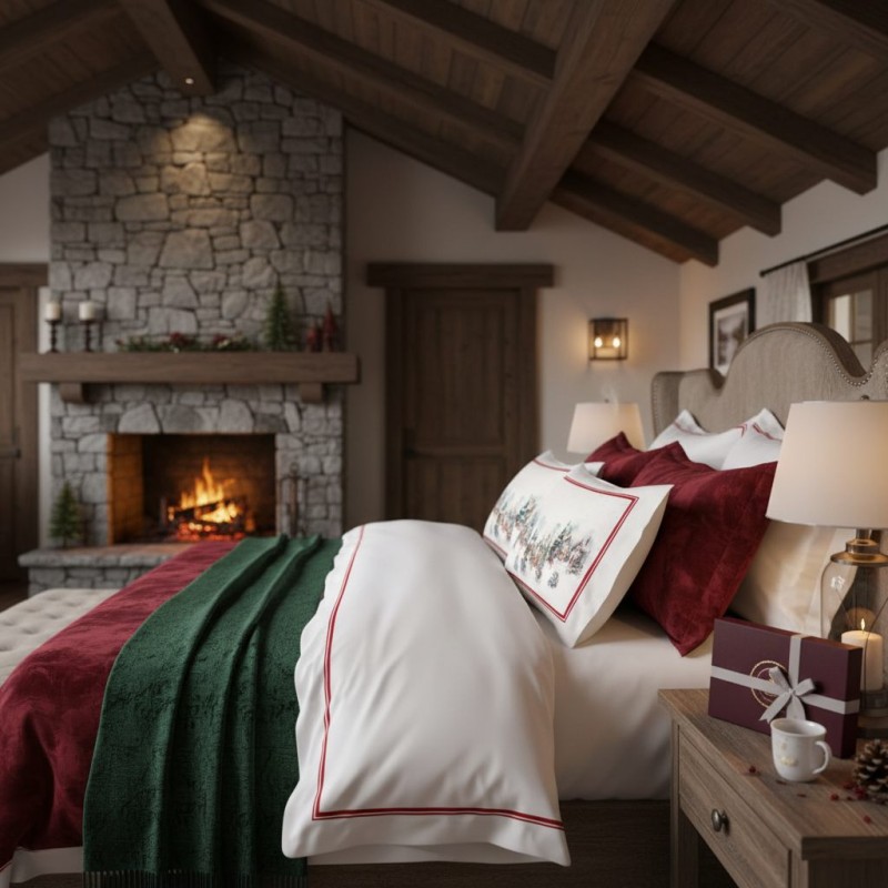 Federe Natalizie Frozen Eleganti su Letto Bianco con Decorazioni e Luci Festive Federe Natalizie Frozen Eleganti su Letto Bianco con Decorazioni e Luci Festive