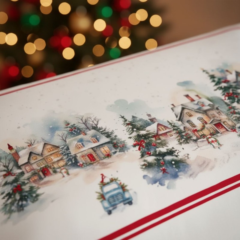 Dettaglio Stampa Casette e Alberi Innevati Federe Raso Tessitura Randi Collezione Frozen Dettaglio Stampa Casette e Alberi Innevati Federe Raso Tessitura Randi Collezione Frozen