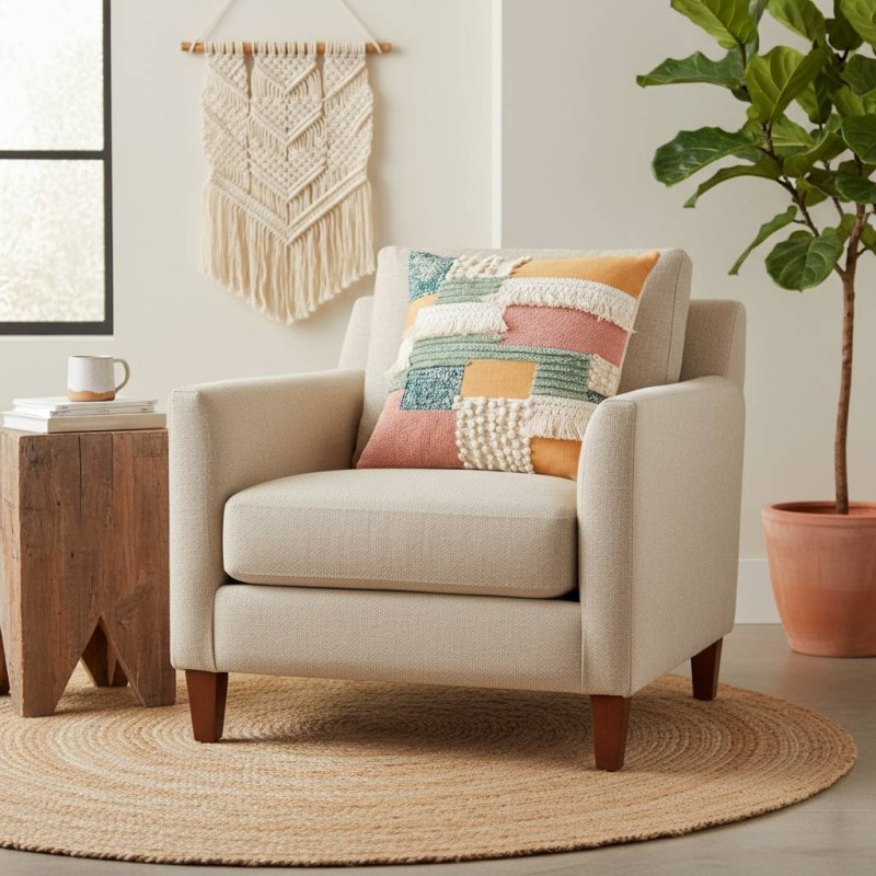 Dettaglio ravvicinato delle frange bianche e delle texture a rilievo sul cuscino patchwork Lemoire Home. Dettaglio ravvicinato delle frange bianche e delle texture a rilievo sul cuscino patchwork Lemoire Home.