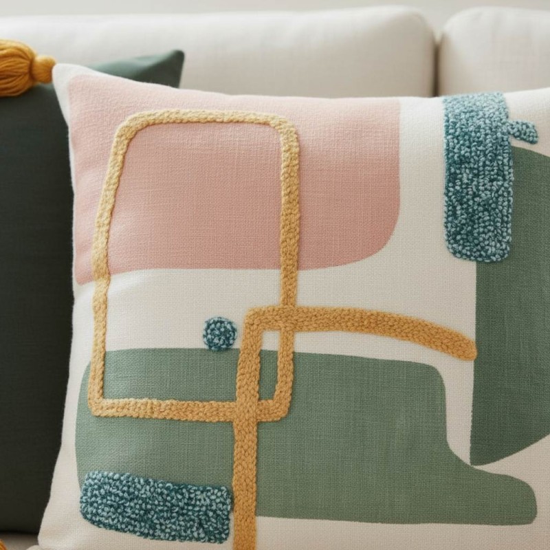 Cuscino d'arredo Lemoire Home con design astratto, ricami a rilievo rosa e verde su divano bianco.