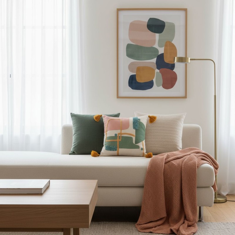 Angolo del cuscino Lemoire Home che mostra il tassel decorativo giallo senape e il ricamo 3D.