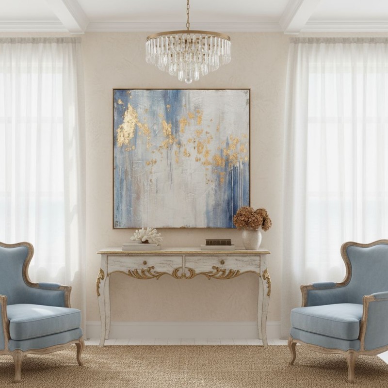 dettaglio pennellate blu e applicazione foglia oro quadro astratto