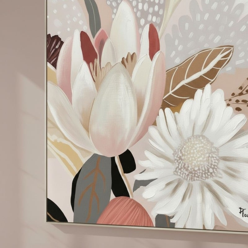 ambientazione soggiorno moderno rosa cipria quadro floreale 100x100