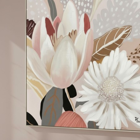 ambientazione soggiorno moderno rosa cipria quadro floreale 100x100