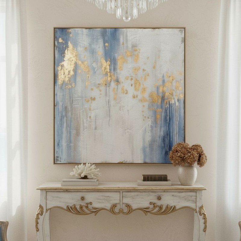 Quadro Astratto in azzurro con dettagli dorati come Etere di Poseidone dettaglio