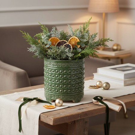 Cachepot Vaso Ceramica Verde Qing Motivo a Rilievo H 17 cm