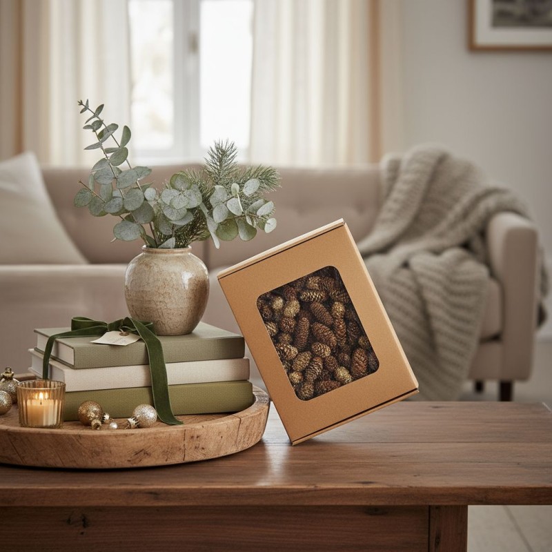 Composizione Pigne, bacche e rami di pino in home decor