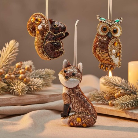 Addobbi natalizi con Animali del bosco Paillettes Set 3 pz (Volpe, Gufo, Scoiattolo)