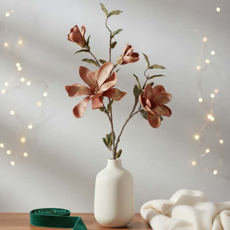 Ramo di magnolia a quattro fiori ruggine e glitter
