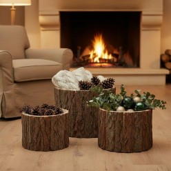 Set 3 Cesti Decorativi invernali in Corteccia Rotonda EDG