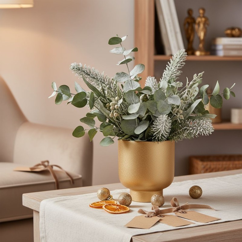 Vaso Lanzarote Light Gold e Gold con decorazioni natalizie verdi e oro su tavolino in tessuto grezzo.