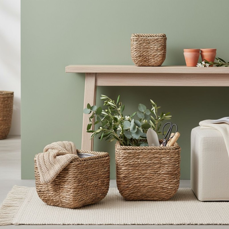 Cesta piccola in rattan con attrezzi da giardinaggio