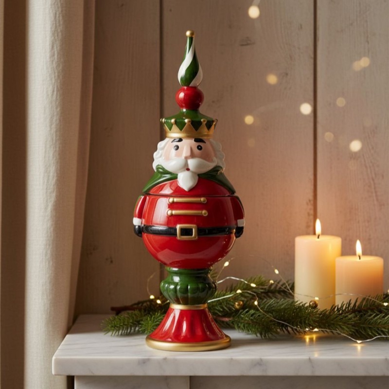Maestoso Vaso Contenitore Soldatino Schiaccianoci "Nutcracker King" in Ceramica EDG - H 46 cm