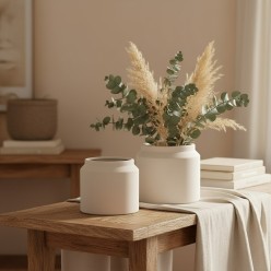 Coppia di vasi Cachepot Class EDG in bianco opaco su tavolino in legno