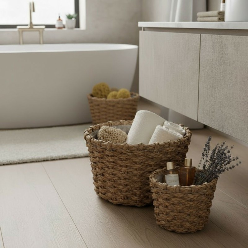 Cesti rotondi intrecciati EDG con asciugamani bianchi in bagno moderno