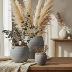 Set di tre vasi in terracotta grigia e corda su tavolo in lino