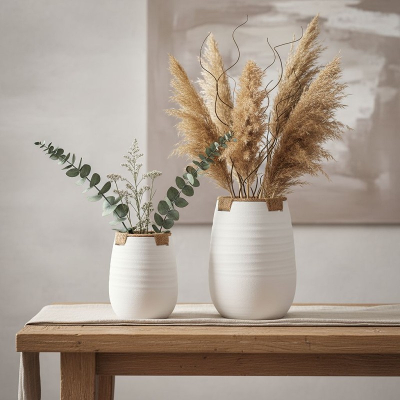 Coppia di vasi bianchi EDG con texture e corda su tavolino in legno