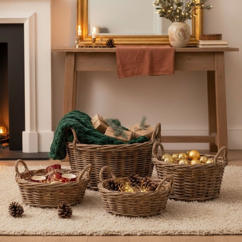 Set di tre cesti in rattan EDG con coperte, regali e pigne (Scenografia Natalizia) Set di tre cesti in rattan EDG con coperte, regali e pigne (Scenografia Natalizia)
