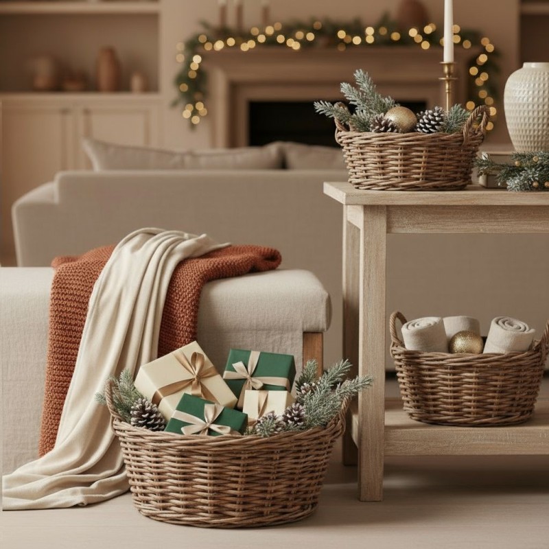 Cesto grande in rattan con plaid di lana e regali incartati Cesto grande in rattan con plaid di lana e regali incartati