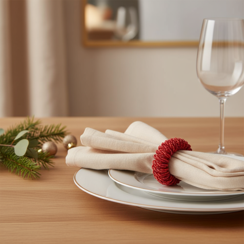 Fermatovagliolo Rosso con perline, Idea Natale