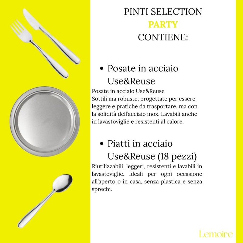 Pinti Selection Party - Box Regalo "Use&Reuse" per 6 Persone | Posate e Piatti in Acciaio Inox Pinti Selection Party - Box Regalo "Use&Reuse" per 6 Persone | Posate e Piatti in Acciaio Inox